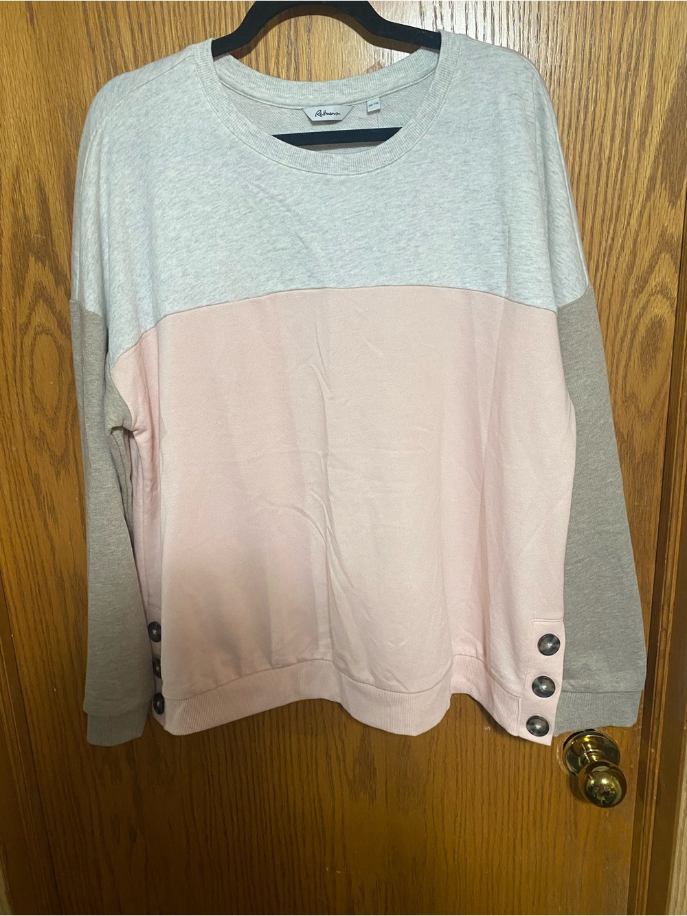Colorblock Pullover Sweatshirt with Button Detail - Pink, Gray, light brown